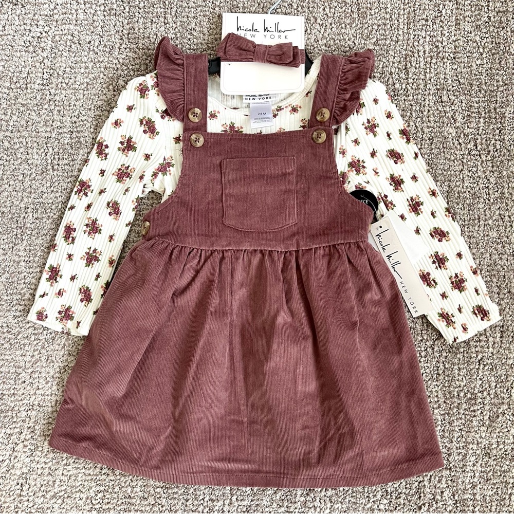 NWT | Bundle of 3 | Nicole Miller | Curduroy Dress and LS Onesie + Headb…